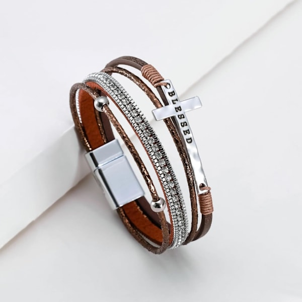 Leopard Armbånd til Kvinder, Boho Læder Wrap Multi-Layer Perle Krystal Armbånd Smykker B40:Blessed Cross(Brown) A7Feather