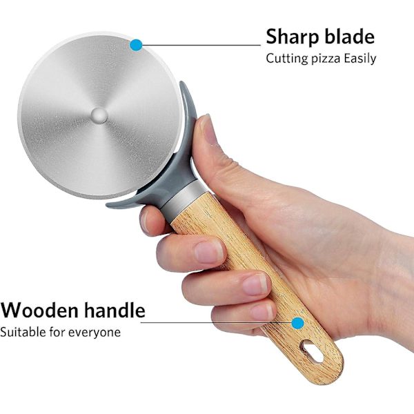 Pizzasaks, pizzahjul med treskaft og matvarekvalitet rustfritt stål skarpt blad, lett, 21 cm