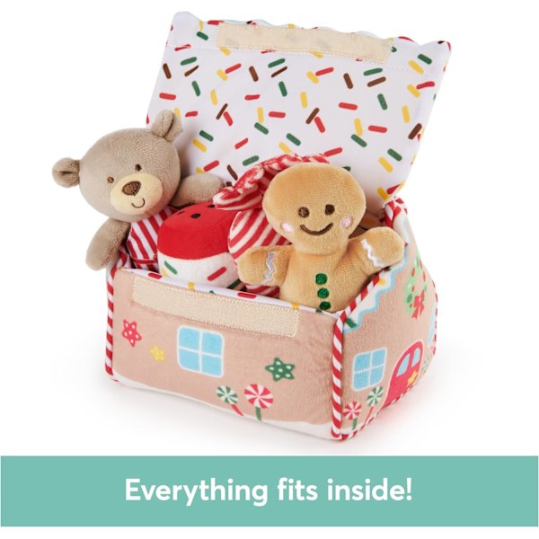 Baby Play Soft Collection, Minun Ensimmäinen Piparkakkutalo 5-osainen Leikkiseti Ratinan, Piipon ja Rypistyspehmolelujen kanssa, Aistipeli Vauvoille, 7.5u2 Gingerbread House