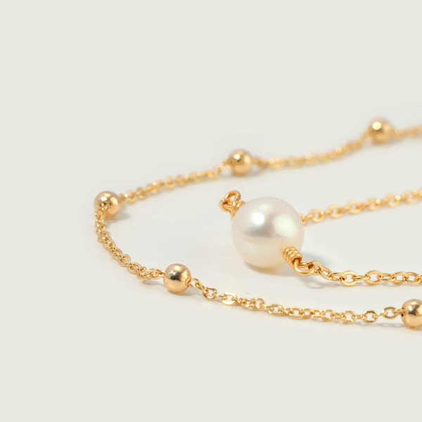 Armbånd for kvinner 14K gullbelagt kjede enkelt smykke søtt for jenter 2 Layer  1 Pearl + Bead Chain 2 Layer Satellite Chain