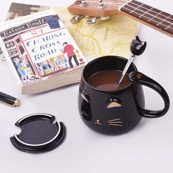 Svart kattmugg, söt kattunge keramisk kaffemugg med rostfritt stål sked, nyhet kaffemugg kopp för kattälskare kvinnor flickor Black