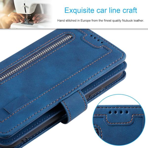 Plånboksfodral för iPhone 15 6,1 tum, Retro 9 kortfack Dragkedja Handväska Fodral PU Läder Magnetisk Stängning Stativ med handledsrem TP Blue iPhone 15 6.1 inch