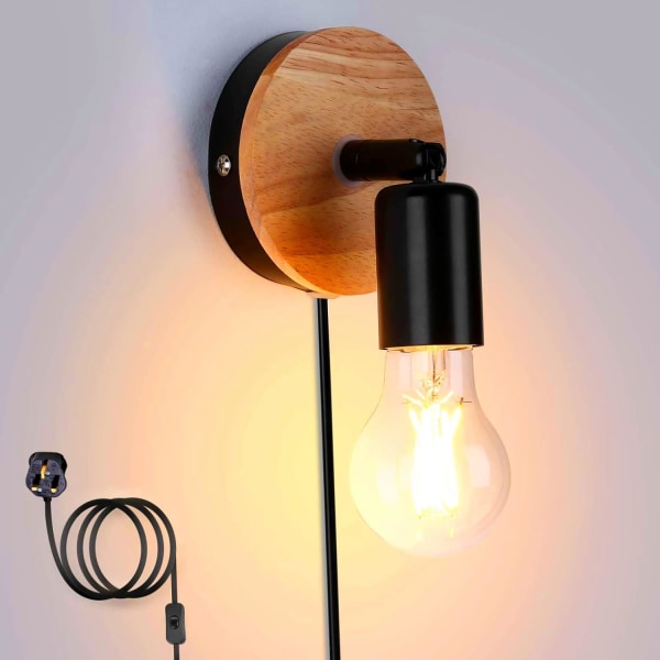 Industrial Wall Lights with Switch Plug in Wall Lights Indoor Wood Wall Light Shades 360° Rotatable Rustic Wall Lamp E27 Sconces for Bedroom Living