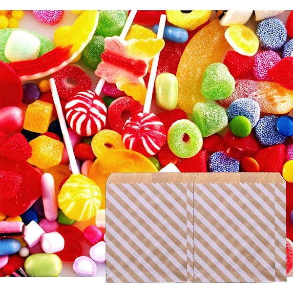 Striber - 100 brune bundkraf papirposer, slikposer, DIY-kraf papirposer, kraftposer, gaveposer af papir til kager, brød, sandwich, gaver