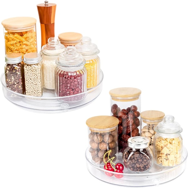 2 stk. Lazy Susan skab organiser 23,5 cm + 27 cm, gennemsigtig Lazy Susan drejeskive skab organiser, rund Lazy Susan i plast, roterende krydderihylde 23.5cm+27cm/9.25in+10.62in  Clear