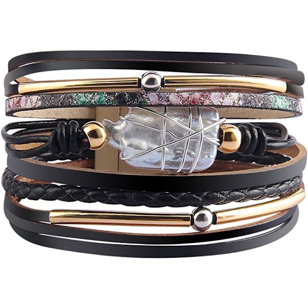 Leopard Armband för Kvinnor, Boho Läder Wrap Multi-Layer Pärla Kristall Armband Smycken A5Black Leather(Pearl) A7Feather