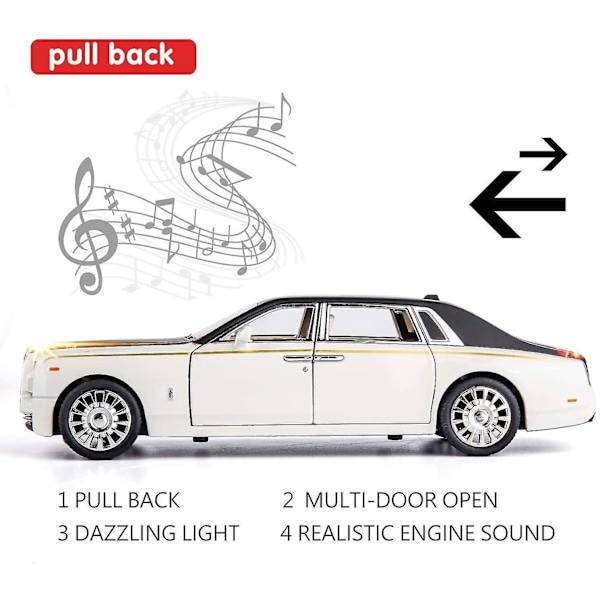 1/24 Rolls-Royce Phantom modellbil, sinklegering tilbaketrekk lekebil med lyd og lys for barn gutt jente gave (hvit)