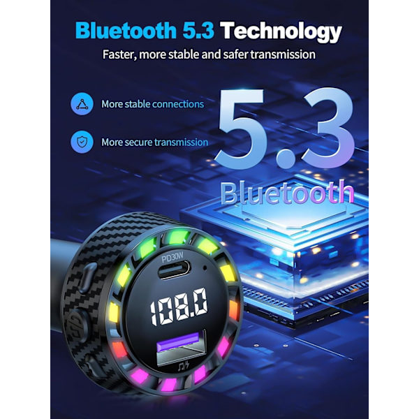 PRMHOOT Handsfree Bluetooth för Bil, 30W FM-sändare Bluetooth Handsfree Samtal i Bil, Stöder USB-disk