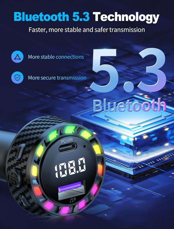 PRMHOOT Håndsfrit Bluetooth til bil, 30W FM-sender Bluetooth Håndsfrit opkald i bil, understøtter USB-disk