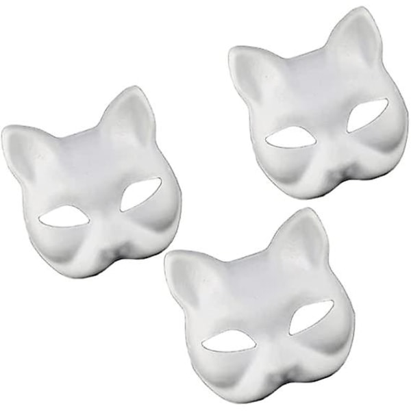 3 stk. Katte masker Hvidt papir tomt håndmalet ansigtsmasker Diy umalet dyr halv ansigtsmasker til fødselsdagsfest favoriserer forsyninger