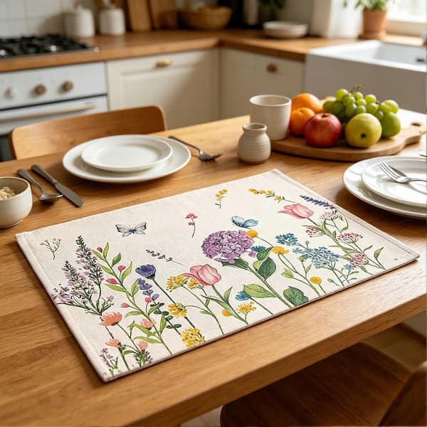 Blomstrete linservietter – Sett med 5 maskinvaskbare – for gårdshus og spisebord A