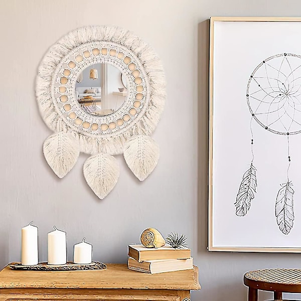 Væg Spejle, Runde Hængende Spejl Med Håndlavet Makrame Frynser, Boho Antik Spejl, Væg Dekoration, Nordisk Spejl, Bomuld Rattan Runde Spejl, Hjem Acce