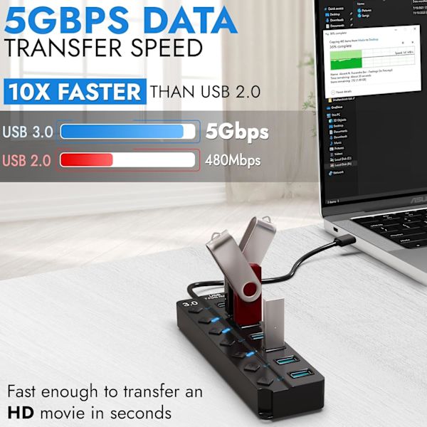 7-ports USB-hub 3.0 – Multi USB-port-hub med individuelle switche og lys – Multi-port USB-adapter-stik – High-speed USB-extender til flash