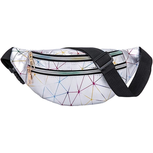 Bum Waist Bag Festival Fanny Pack 3 Zip Lommer Mode Vandtæt PU Læder Talje Taske Rejse Ferie Talje Pakke til Kvinder Damer Piger Silver