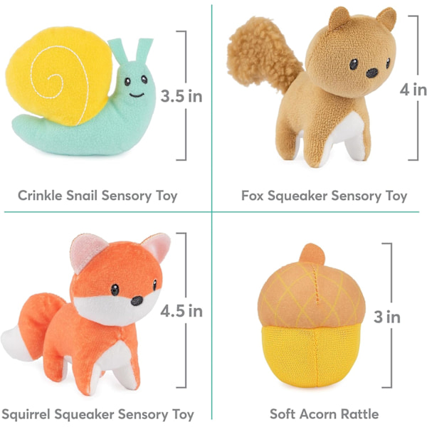 Baby Play Soft My Woodland Friends 5-osainen Pehmolelusetti Ratinan, Piipon ja Rypistysleluilla, Aistipeli Vauvoille ja Vastasyntyneille, 7.5u201d Woodland Friends