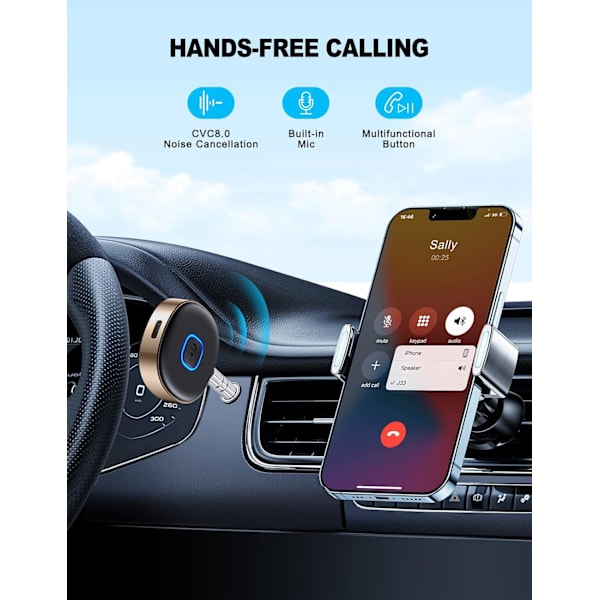 Bluetooth 3.5 mm AUX-adapter för bil, Mini Bluetooth 5.3-bilförstärkare för stereo/högtalare/trådbundna hörlurar, Bluetooth-bilsadapter AUX, handsfree Gold