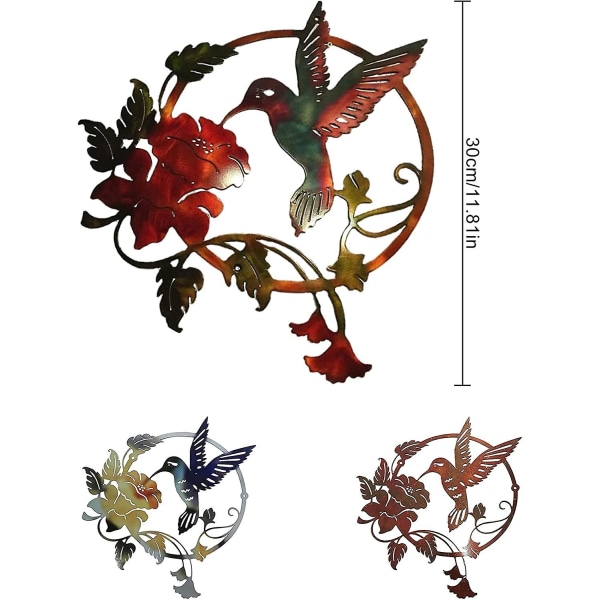 Metal Hummingbird vægdekoration, rund Hummingbird Flower Metalramme, vægophængende kunstværk