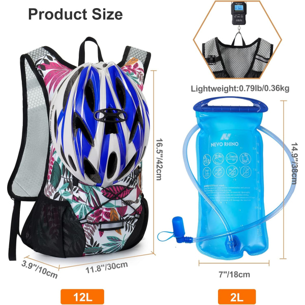 Lätt vätskeryggsäck, löparryggsäck med 2L vattenblåsa, Hydro Water Daypack för cykling Vandring Rave för män kvinnor printwhite12L