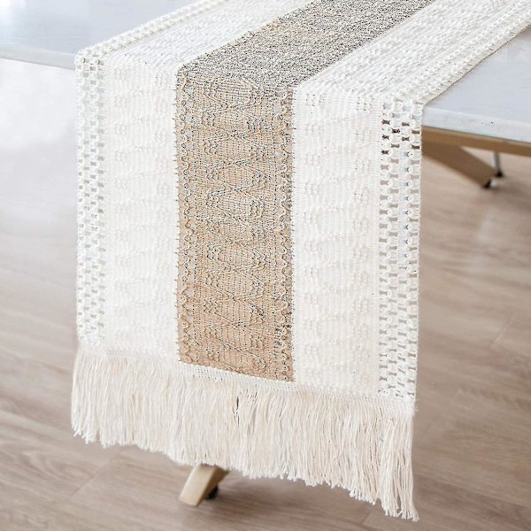 Macrame bordslöpare i naturfärgad jute, spetsad bomullsboho bordslöpare med tofsar för bohemiskt bröllop, brudparty, rustikt hem, bondgård