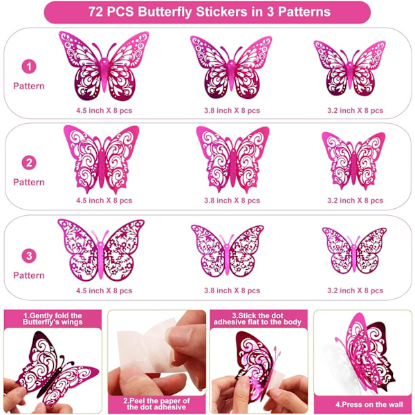 72 kpl perhoskoristeita, 3 kokoa 3 tyyliä, 3D perhosseinäkoriste, perhosjuhlakoristeet, syntymäpäiväkoristeet, perhoset askarteluun 72 Pcs, Purple