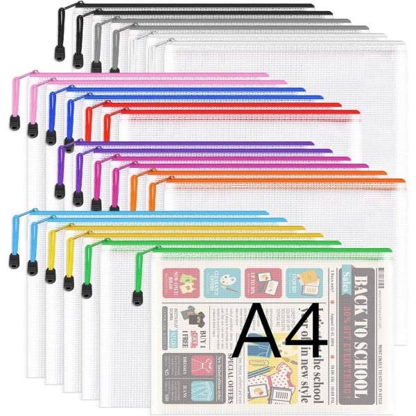 A4 Plast Zip-mapper - 24 stk. lynlås-filposer Mesh Zip Lock Dokumentpungholder Rejseopbevaringspose til kontorartikler og rejsetilbehør 12 Colours  24 PCS A4