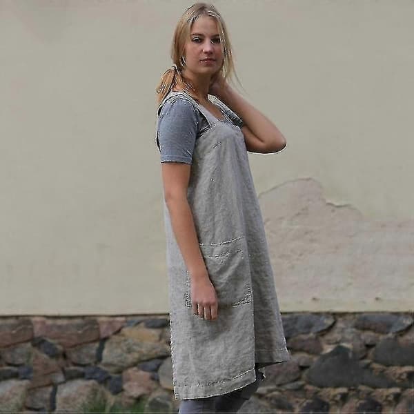 Bomulls- og linskjørtforkle for kvinner med lommer, forklekjole for baking og matlaging, grå Grey XL