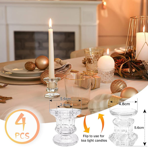 Set med 4 ljusstakar i klart glas - Hexagonala ljusstakar för bröllop, festival, fest och bordsdekoration