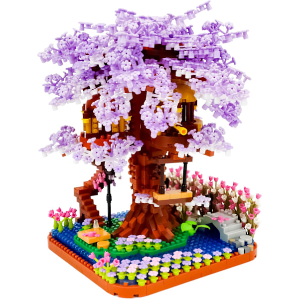 Lilla Blomster Sakura Træhus Byggeklodssæt, 2200 Stykker Kirsebærblomst Mini Mikro Klodser Kit, Gave til Voksne 14+ Børn (Med Lys Purple Sakura