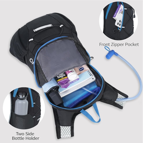 Kevyt nesteytysreppu, juoksureppu 2 litran vesirakolla, Hydro Water Daypack pyöräilyyn, patikointiin, raveihin miehille ja naisille Blue