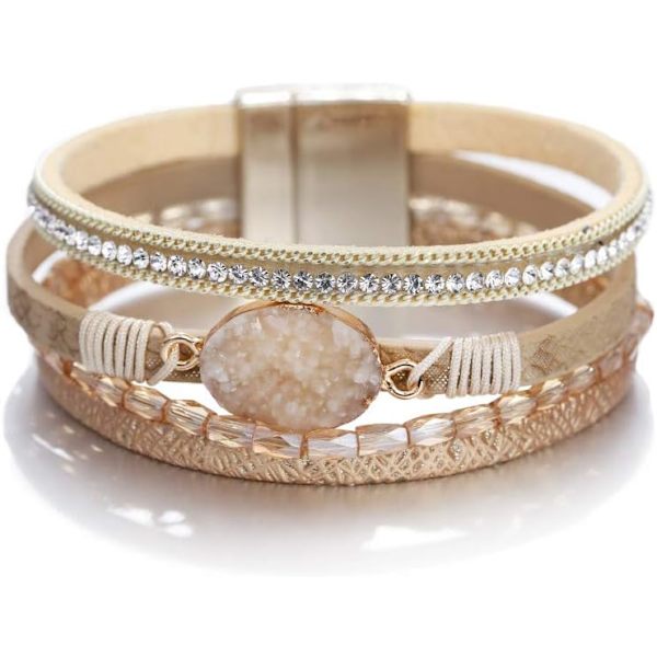 Leopard Armband för Kvinnor, Boho Läder Wrap Flerskikts Pärla Kristall Armband Smycken B17Gold Stone(Short) A7Feather