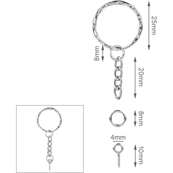 50 stk. pregede split nøkkelringer med åpen hoppringkjedeforlenger og skrueøyepinnkontakt for smykkefunnfremstilling, 1 tommers diameter Silver