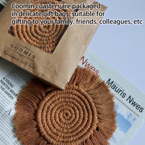 Boho Coasters Sæt med 2, Absorberende Vævede Drikkeunderlag til Sofabord, Bondegårdsindretning, Makrame Coasters til Krus og Kopper - Hou