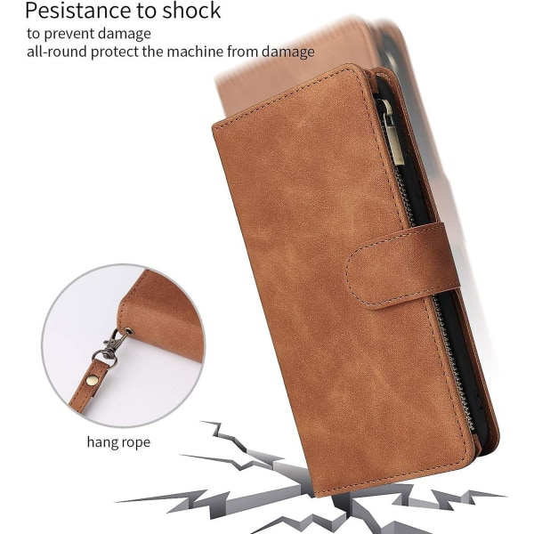 (brun) Til Iphone 12 Iphone 12 Pro 6,1 tommer pung etui (telefon ikke inkluderet) Premium Vintage læder magnetisk lukning håndtaske, lynlås lomme cover, F