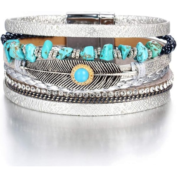 Leopard Armband för Kvinnor, Boho Läder Wrap Multi-Layer Pärla Kristall Armband Smycken A7Feather A7Feather
