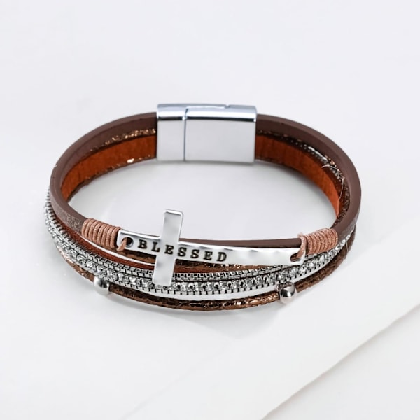 Leopard Armbånd til Kvinder, Boho Læder Wrap Multi-Layer Perle Krystal Armbånd Smykker B40:Blessed Cross(Brown) A7Feather