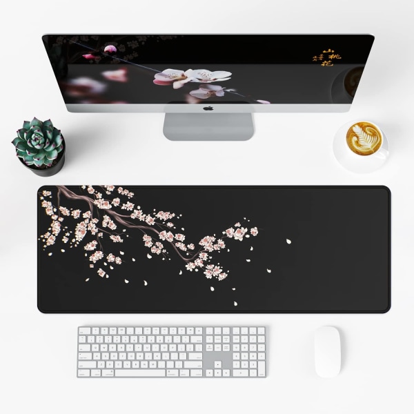 Sort japansk blommeblomst musemåtte (31,5 × 11,8 × 0,12 tommer) Udvidet stor musemåtte skrivebordspude, syet kant musemåtte, skridsikker gummibase, Ga Plum Mouse Pad  1 Ink Drawing Mouse Pad  1