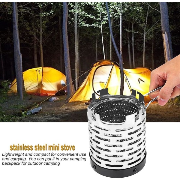 Camping Mini Lämmitin, Kannettava ruostumattomasta teräksestä valmistettu teltan cover kahvalla ja säilytyspussilla Camping lämminvarusteiden lämmitin pieneen kylmän sään telttaan