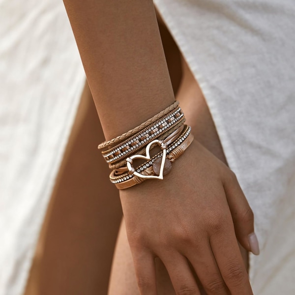 Naisten leopardrannekoru, Boho nahkainen kääre monitasoinen helmikristallirannekoru B30:Heart Leather(Gold) A7Feather