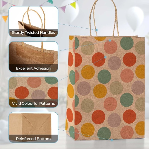Gaveposer, 24 stk. Festposer Fargerike Polka Dots Brune Papirposer med Håndtak for Festgaver, Valentinsdag, Bursdag, Bryllup, Thanksgiving Polka Dots  Brown 24 count (Pack of 1)