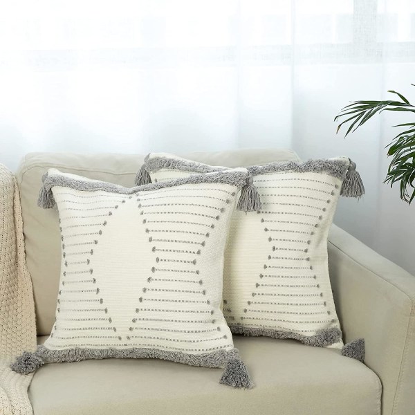 Kuddfodral för soffa soffa - set med 2 dekorativa Boho fyrkantigt örngott bomullsvävt tuftat örngott. (18x18 tum, grå)