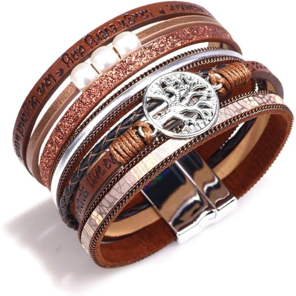 Leopard-rannekoru naisille, Boho nahkainen kääre monitasoinen helmi kristallirannekoru B10Tree of Life(Brown) A7Feather