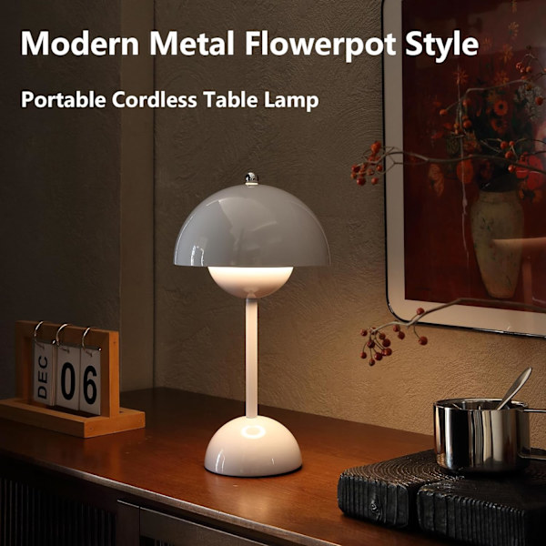 Moderne Blomsterpot Trådløs Bordlampe, Trådløs Mid Century Lampe, Sød Batteri Svampe Bordlampe, Lille Lampe til Natbord, Dæmpbar Touch Soveværelse La White