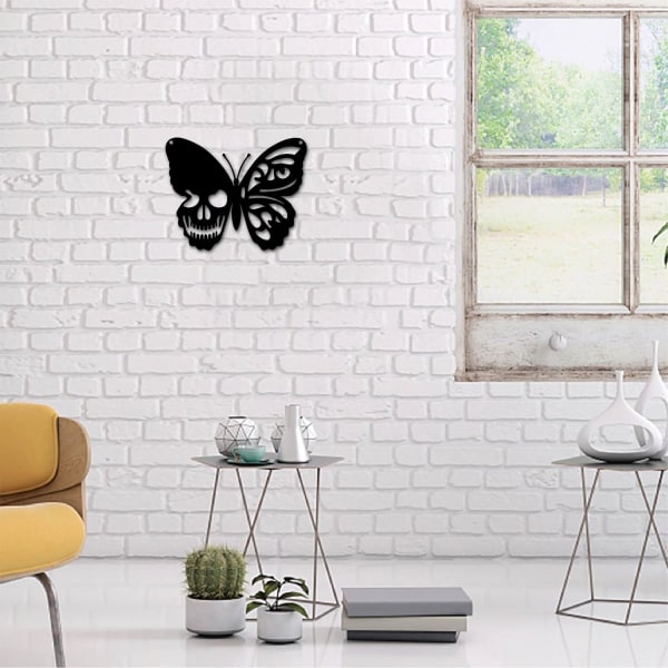 Metalvægkunst Sommerfugleskalle Dekoration Vægophæng Plaketter Ornamenter Jernvægkunst Skulptur Skilt til Indendørs Udendørs Hjem Stue Køkken Have O Black Small Butterfly 6.3 x 7.9 inch