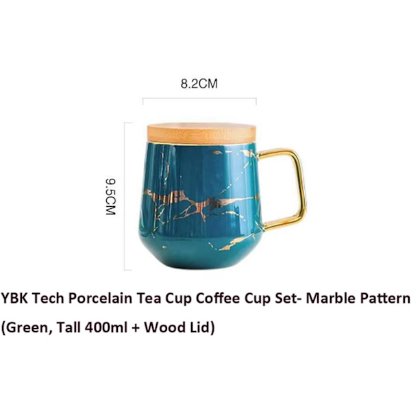 YBK Tech Porcelæn Te Kop Kaffe Kopsæt til Eftermiddagste - Marmor Mønster (Grøn, Høj 400ml + Trælåg) Green, Tall
