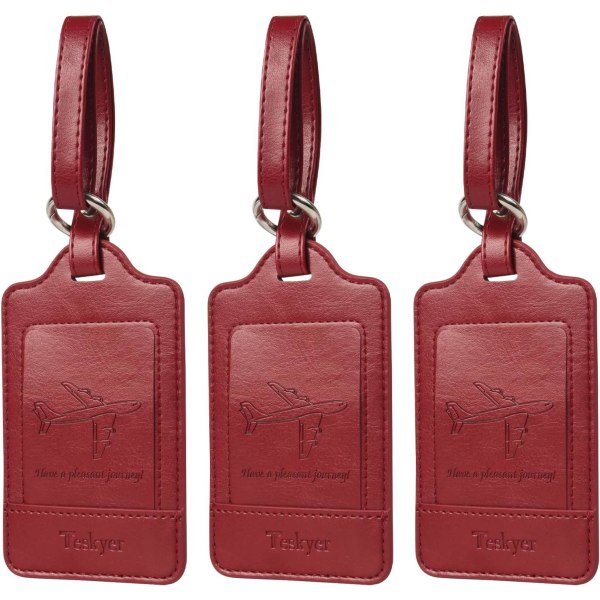 Pakke med 3 bagasjemerker, bagasjemerker i PU-skinn for kofferter, bagasjeetiketter med navne-ID-kort, merkbar, slitesterk, reisetilbehør, Wine Red 2.7 x 4.2 inch/6.8 x 10.7 cm