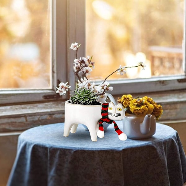 Sukkulente Plantekrukker - Keramiske Dyreblomsterkrukker Diy Tegneserie Sukkulente Pot Sød Kat Sukkulente Planter Plantebeholder Med Kattehalstørklæde Til Hjemmeindretning