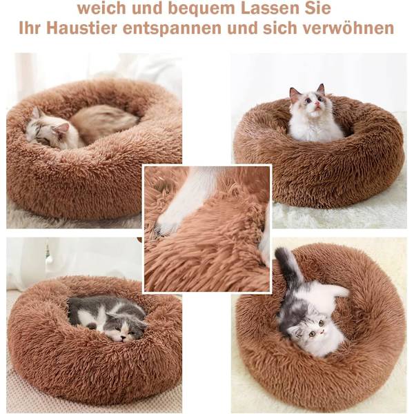 Berigende hundekat donut seng - 15,75 tommer fluffy plys hvalp killing nusser rund seng, varm og blød kæledyr hyggelig anti-angst senge med skridsikker bund a Coffee 40.00 x 40.00 x 13.00 cm (L x W x H)