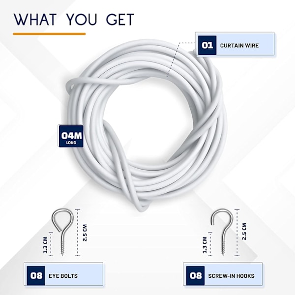 Netgardin Tråd og Krog Sæt - 4M Gardintrådssæt inkluderer 8 Øjne & 8 Kroge - En Multifunktionel Tråd White 4 Meter