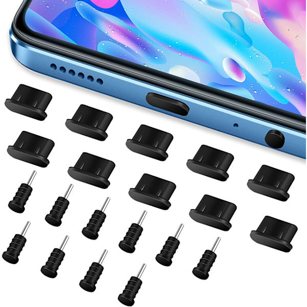 Dammskyddssats, silikon USB C-hörlursuttag dammskyddskåpor laddningsportsskydd Typ-C dammskyddsproppar för smartphone bärbar dator (svart 20 st