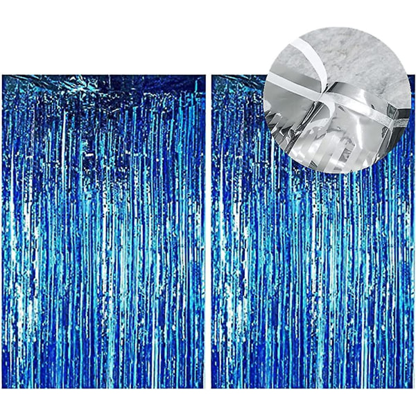 Aluminiumfolie Tinsel Stripe Gardinbakgrund, 2 förpackningar (blå) Metallguldfolie